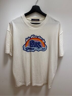 Louis Vuitton Cream Tee with Blue and Rainbow Logo